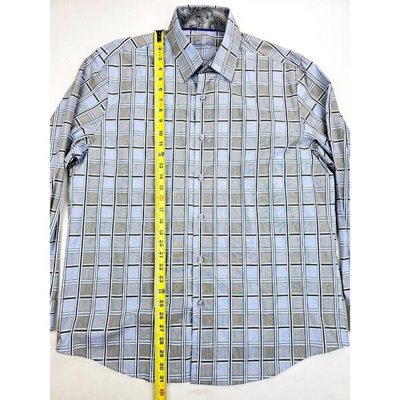 Tasso Elba Size Large 16-16.5 Men's Blue White Black Gray Check Cotton Shirt NWT - Picture 10 of 11